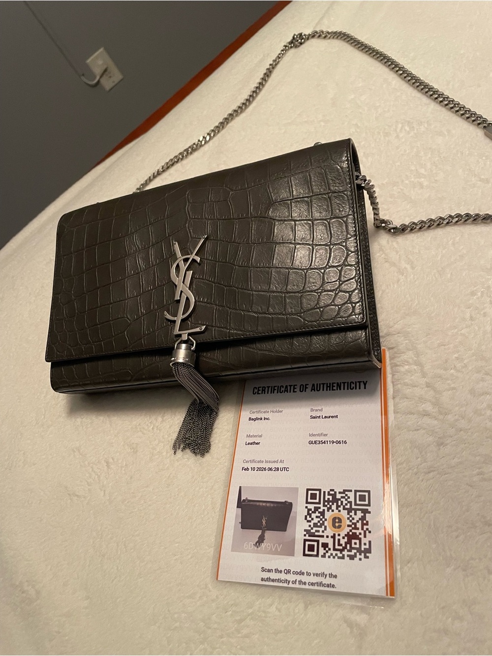 Saint Laurent Dark Gray Croc-Embossed Tassel Chain Shoulder Bag / crossbody
